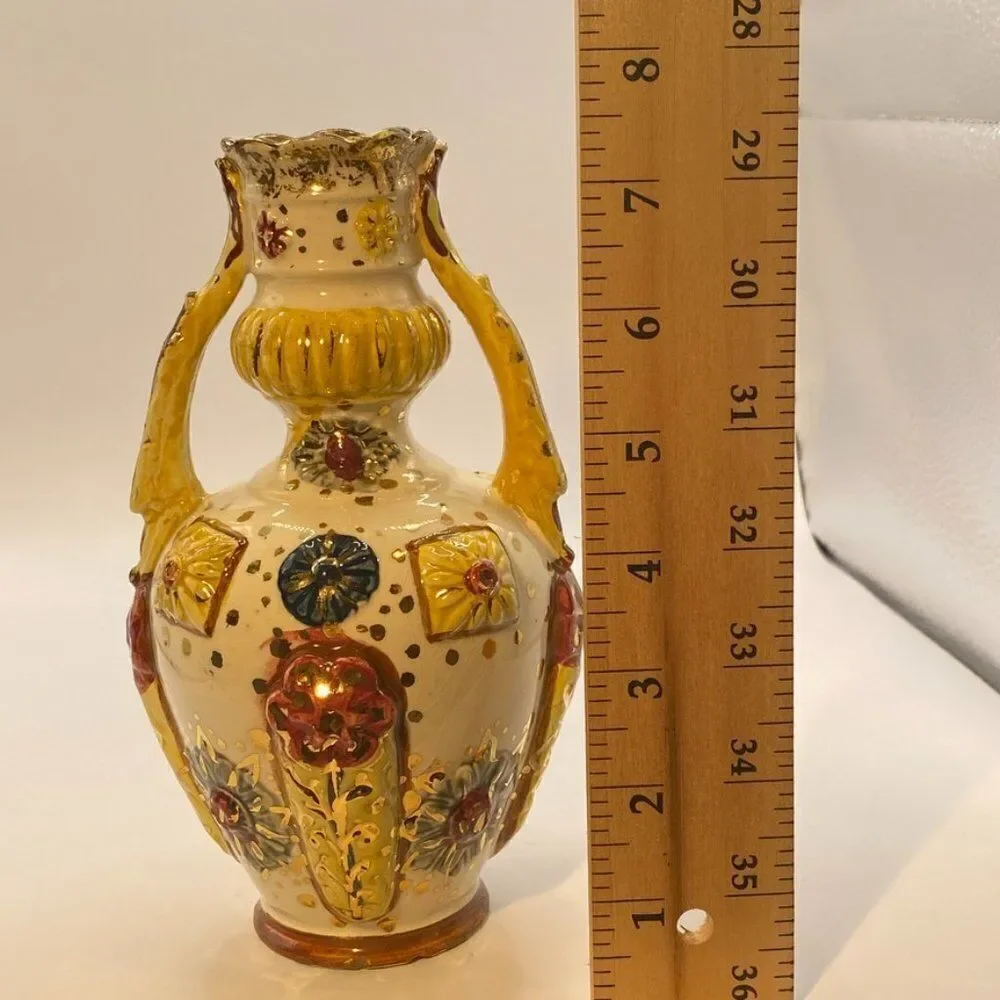 Pompeyi Bejeweled Signed Majolica Ceramic Vase Double Handle Gold Embossed